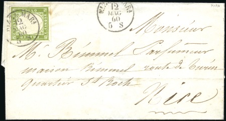 Stamp of Auction catalogues 1860 5c vert obl. càd Nizza Mara 12 mag 60 sur let