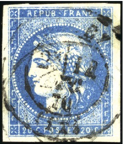 Stamp of France 20c Bordeaux Type 1, report II, belles marges, obl