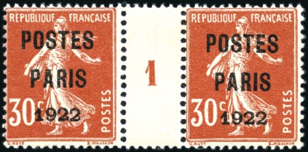 Stamp of France » Préoblitérés MILLESIME: POSTE PARIS 1922 30c rouge paire neuve,