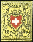 Stamp of Switzerland / Schweiz » Rayonmarken » Rayon II, gelb, ohne Kreuzeinfassung (STEIN D) Abstempelungen, vier Stein D Marken