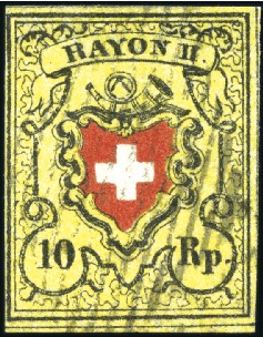 Stamp of Switzerland / Schweiz » Rayonmarken » Rayon II, gelb, ohne Kreuzeinfassung (STEIN D) Abstempelungen, vier Stein D Marken