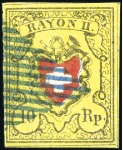 Stamp of Switzerland / Schweiz » Rayonmarken » Rayon II, gelb, ohne Kreuzeinfassung (STEIN D) Abstempelungen, vier Stein D Marken