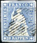 Stamp of Switzerland / Schweiz » Sitzende Helvetia Ungezähnt » Münchner Druck, 1. Auflage 10Rp preussischblau mit schwarzer Raute entwertet
