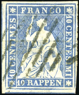 Stamp of Switzerland / Schweiz » Sitzende Helvetia Ungezähnt » Münchner Druck, 1. Auflage 10Rp mattblau, Klischeefehler 2.01