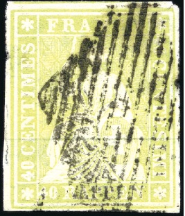 Stamp of Switzerland / Schweiz » Sitzende Helvetia Ungezähnt » Münchner Druck, 1. Auflage 40Rp blassgelbgrün mit schwarzer Raute entwertet,