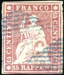 Stamp of Switzerland / Schweiz » Sitzende Helvetia Ungezähnt » Münchner Druck, 1. Auflage 15Rp rosa (braünlichrot) mit blauer Raute entwertet
