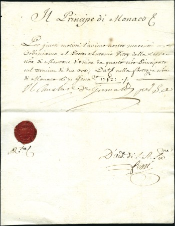 Stamp of Colonies françaises » Monaco 1752 Honoré III, Lettre pour Menton "Il Principe d