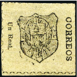 Stamp of Dominican Republic 1865 Un Real black on straw, on laid paper, unused