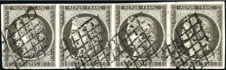 Stamp of France 1849 20c gris-noir en bande de quatre obl. grille,