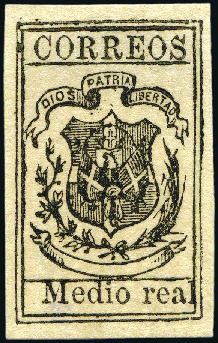 Stamp of Dominican Republic 1866 Medio Real black on straw, laid paper, unused