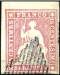 Stamp of Switzerland / Schweiz » Sitzende Helvetia Ungezähnt » Münchner Druck, 1. Auflage 15Rp rosa entwertet mit beide blauer und schwarzer Raute