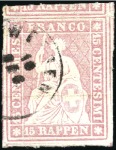 Stamp of Switzerland / Schweiz » Sitzende Helvetia Ungezähnt » 1854-55 Berner Druck (I) 15Rp rosa, enormrandig und mit Rundstempel
