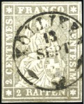 Stamp of Switzerland / Schweiz » Sitzende Helvetia Ungezähnt » 1857-62 Berner Druck, Dickes Papier 2Rp grau mit kl. Rundstempel KOLLIKEN 13 SEPT 62