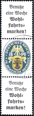 Stamp of Germany » German Empire 1926 Nothilfe 8pfg used se-tenant strip of three (