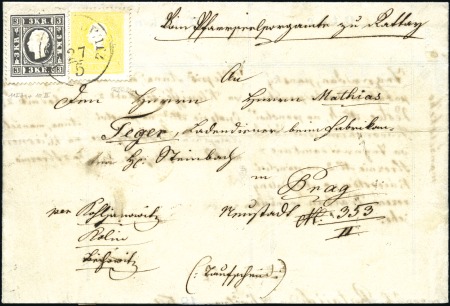 Stamp of Austria 1858-59 2Kr Yellow and 3Kr black tied JANOWITZ 27/