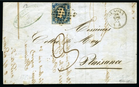 Stamp of Italian States » Sardinia 1851 20c Blue tied grid on folded cover from Genov