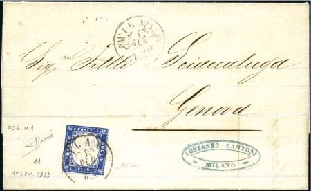 Stamp of Italy 1863 15C Blue, position 1 of the sheet, tied by MI