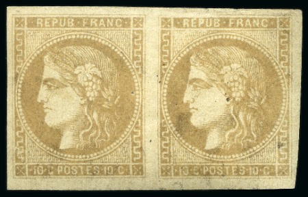 Stamp of France 1870 Bordeaux 10c Report 2, BISTRE VERDATRE, en pa