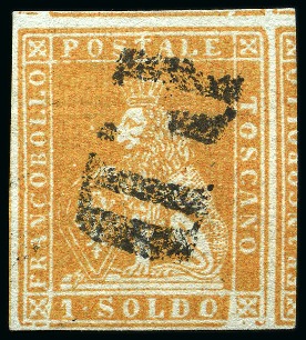 Stamp of Italian States » Tuscany 1851-52 1s Bistre-orange on grey, huge margins all