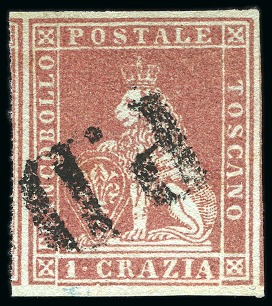 Stamp of Italian States » Tuscany 1851-52 1cr Light carmine on grey, large margins a