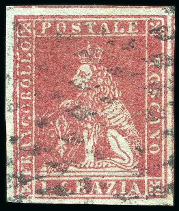 Stamp of Italian States » Tuscany 1851-52 1cr Carmine on blue, large margins all aro