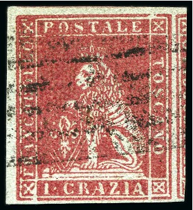 Stamp of Italian States » Tuscany 1851-52 1cr Carmine on grey, corner example with l