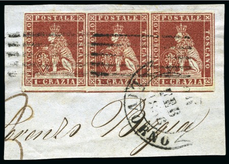 Stamp of Italian States » Tuscany 1851-52 1cr Carmine on grey, large margined strip 