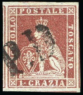 Stamp of Italian States » Tuscany 1851-52 1cr Brown-lilac carmine on grey, huge marg