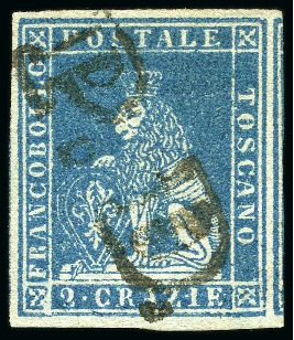 Stamp of Italian States » Tuscany 1851-52 2cr Blue on grey, large margins all around