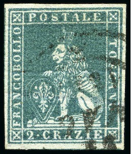 Stamp of Italian States » Tuscany 1851-52 2cr Bluish green on grey, large margins al