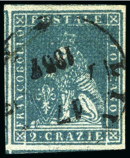 Stamp of Italian States » Tuscany 1851-52 2cr Greenish blue on grey, reversed waterm