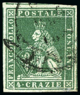 Stamp of Italian States » Tuscany 1851-52 4cr Green on grey, large margins all aroun