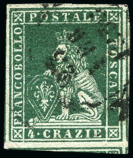 Stamp of Italian States » Tuscany 1851-52 4cr Green on grey, large margins all aroun
