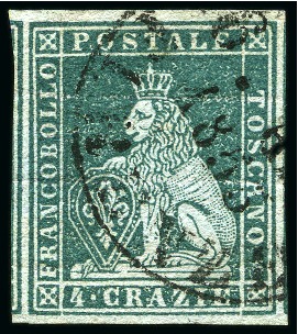 Stamp of Italian States » Tuscany 1851-52 4cr Green on grey, large margins all aroun