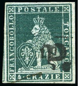 Stamp of Italian States » Tuscany 1851-52 4cr Bluish green on grey, large margins al