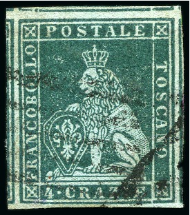 Stamp of Italian States » Tuscany 1851-52 4cr Bluish green on blue, an exceptionally