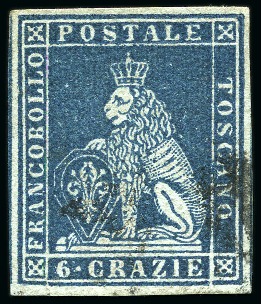 Stamp of Italian States » Tuscany 1851-52 6cr Slate on grey, large margins all aroun