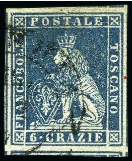 Stamp of Italian States » Tuscany 1851-52 6cr Slate on grey, enormous margins all ar