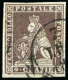 Stamp of Italian States » Tuscany 1851-52 9cr Brown-lilac on grey, large margins all