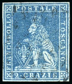 Stamp of Italian States » Tuscany 1851-52 2cr Bright blue on blue, large margins all