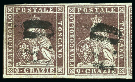 Stamp of Italian States » Tuscany 1851-52 9cr Brown-lilac on grey, horizontal pair w