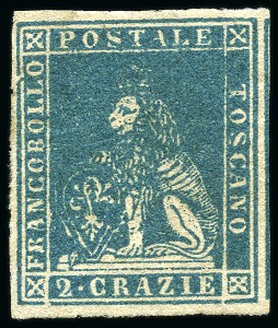 Stamp of Italian States » Tuscany 1857 2cr Blue, large margins all around, unused, d