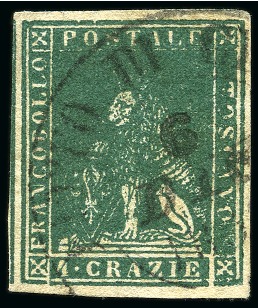 Stamp of Italian States » Tuscany 1857 4cr Green, large margins all around with part