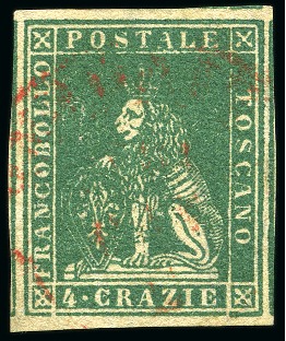 Stamp of Italian States » Tuscany 1857 4cr Green, large margins all around with part