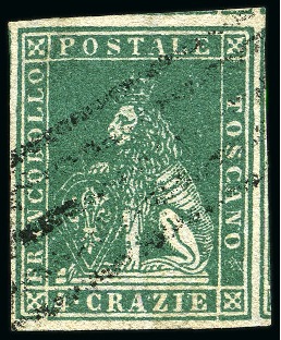 Stamp of Italian States » Tuscany 1857 4cr Green, large margins all around with part