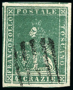 Stamp of Italian States » Tuscany 1857 4cr Green, huge margins all around with parts
