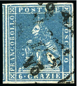 Stamp of Italian States » Tuscany 1857 6cr Light blue, huge margins all around with 