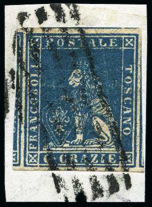 Stamp of Italian States » Tuscany 1857 6cr Bright blue, huge margins all around with