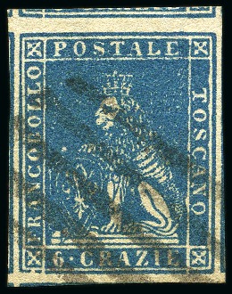 Stamp of Italian States » Tuscany 1857 6cr Bright blue, enormous margins all around 