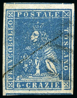 Stamp of Italian States » Tuscany 1857 6cr Bright blue, enormous margins all around 